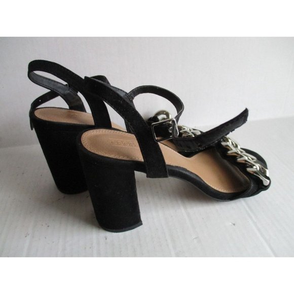 *ASOS Black Suede Sandal Ankle Strap Block 4" Heel Chunky Silver Chain Accent - Picture 7 of 8